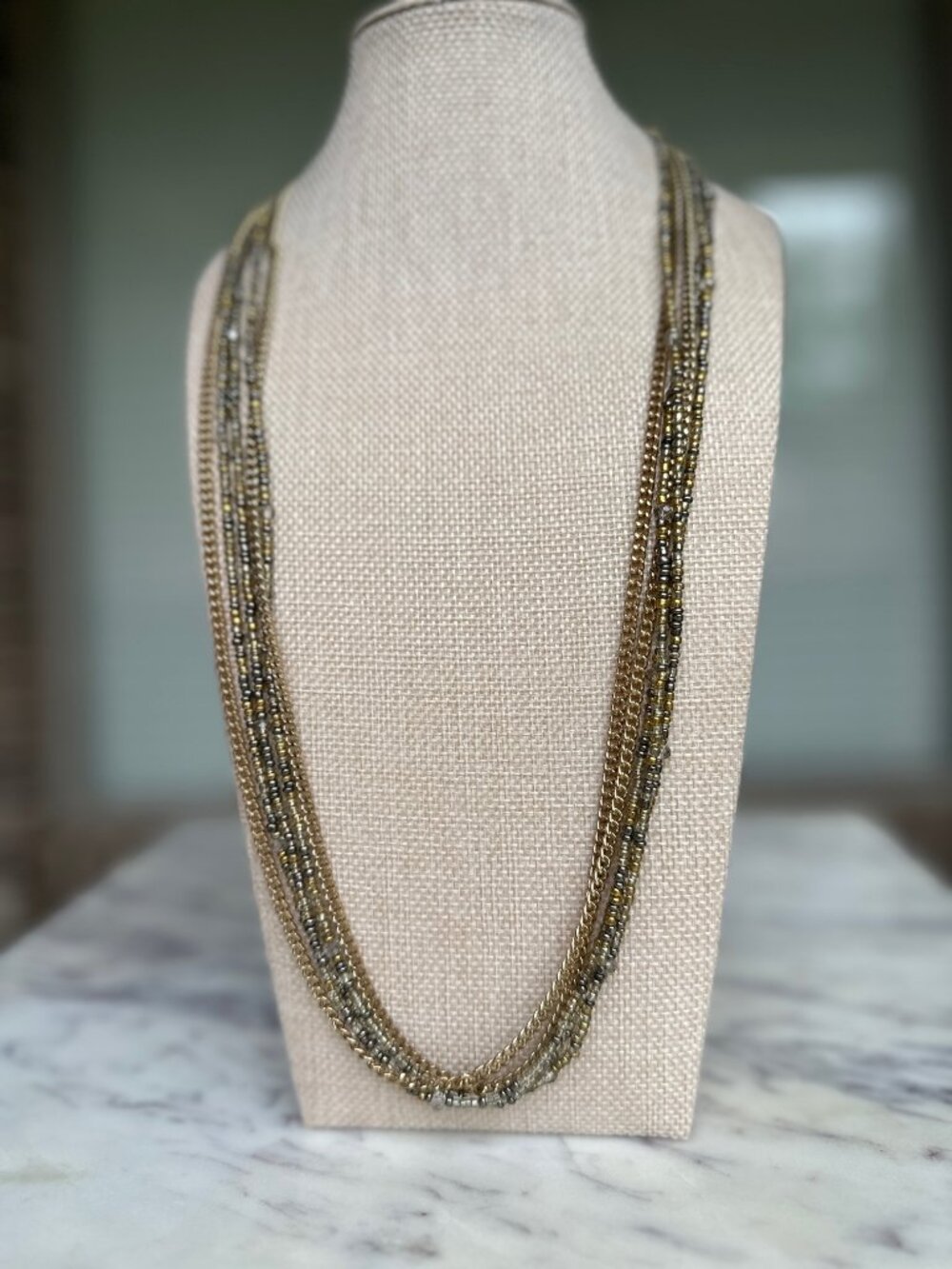 JuleaB. Boho Layered 5 Strand Chains Beads Long Necklace in Brass Pewter Gray